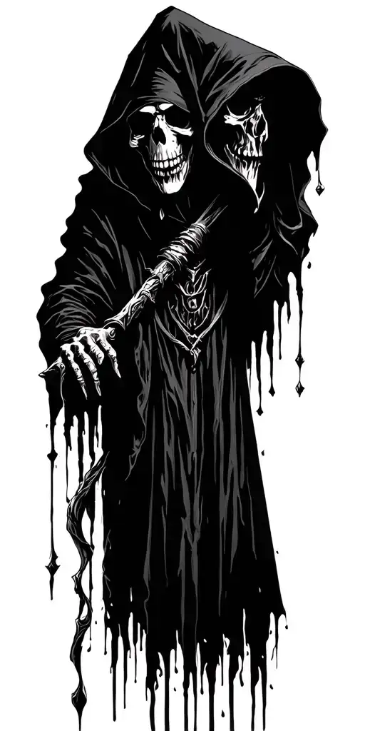 Hooded reaper Silhouette and death and shadow, majestic, terrifying, dark, goth, very grungy, evil tattoo design idea