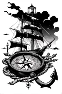 compass, ship, rope, anchor, storm, lighthouse, nautical tattoo design idea