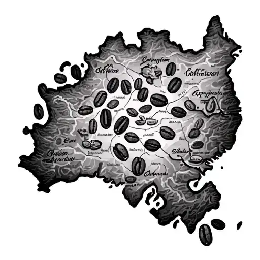 A map with a trail of coffee beans leading to different adventure locations tattoo design idea