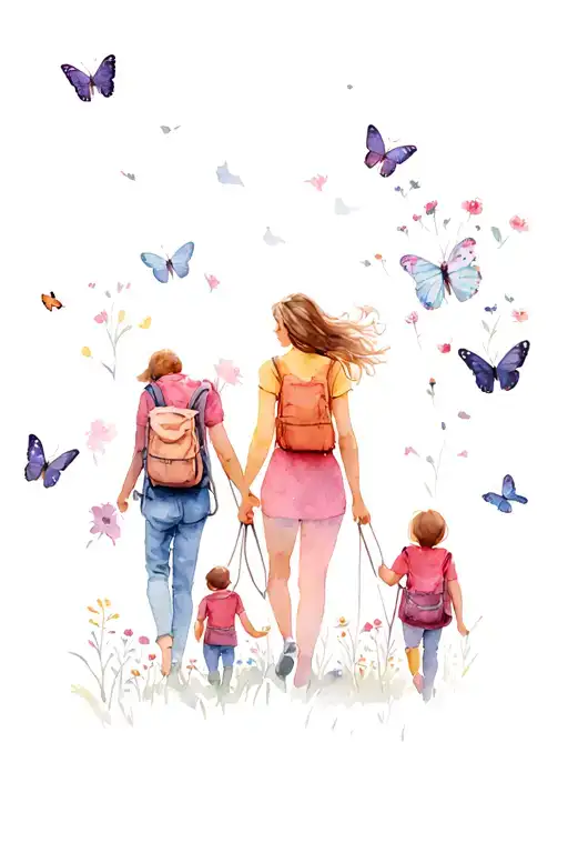 A serene forest scene with a mother and her 3 children hiking among butterflies and flowers tattoo design idea