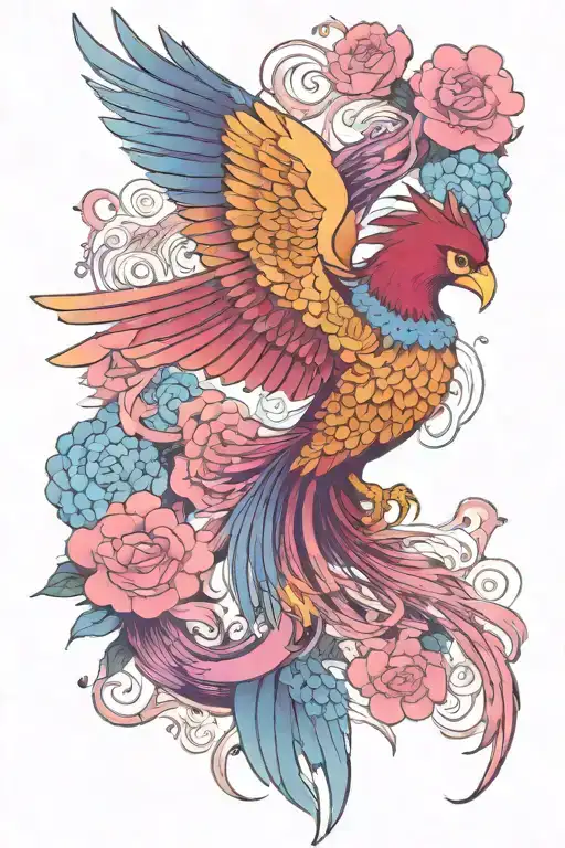 phoenix with wings spread. Body and tail are purple. one wing is blue and the other is pink. tattoo design idea