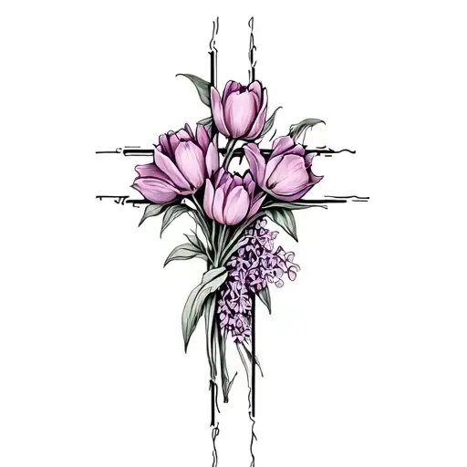 dainty cross with tulips and lilacs tattoo design idea
