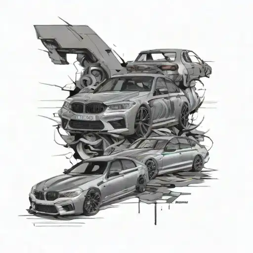 in the back there is written BMW M5 F90 3 LINES above each other, in it is the gray  BMW M5 F90 xar with numbers 88AL888 tattoo design idea