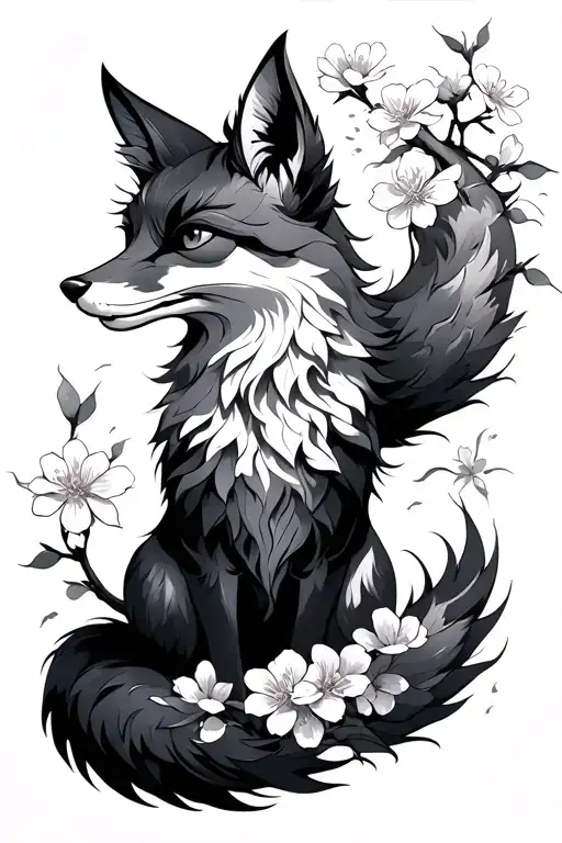 mythical fox with nine tails and surrounded by sakura flowers tattoo design idea