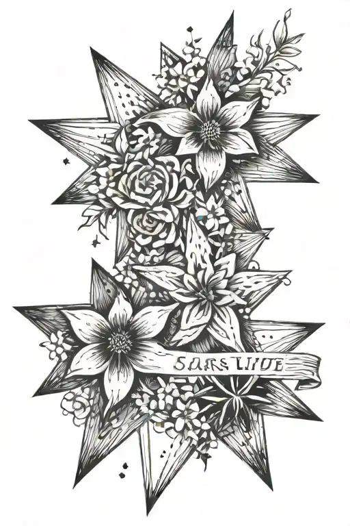 two big stars, four small stars, floral and lines, the words: "Scars Life Lived Stars Love Lost" tattoo design idea