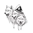 Warrior with hood and two wolves tattoo design idea