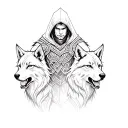 Warrior with hood and two wolves tattoo design idea