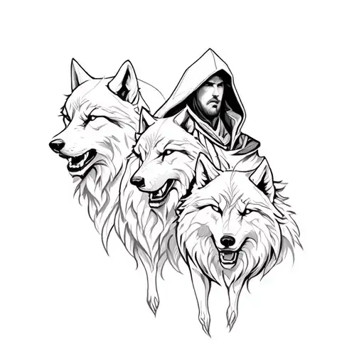 Warrior with hood and two wolves tattoo design idea