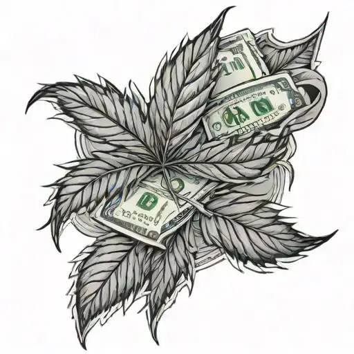 A black and grey tattoo of a weed leaf with dollar bill veins running through it tattoo design idea