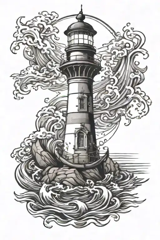 anchor lighthouse and sea waves tattoo design idea