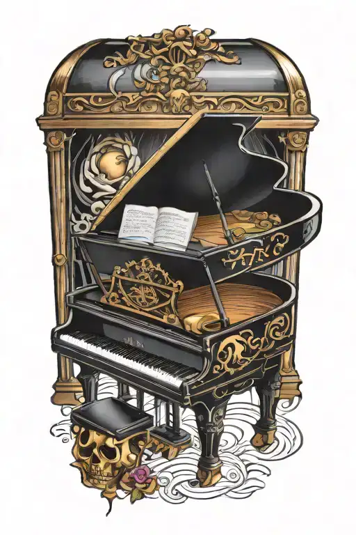 grand piano in a treasure chest  tattoo design idea