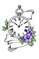 clock face with a blank scroll underneath with a few violet and primrose flowers tattoo design idea