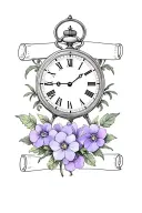 clock face with a blank scroll underneath with a few violet and primrose flowers tattoo design idea