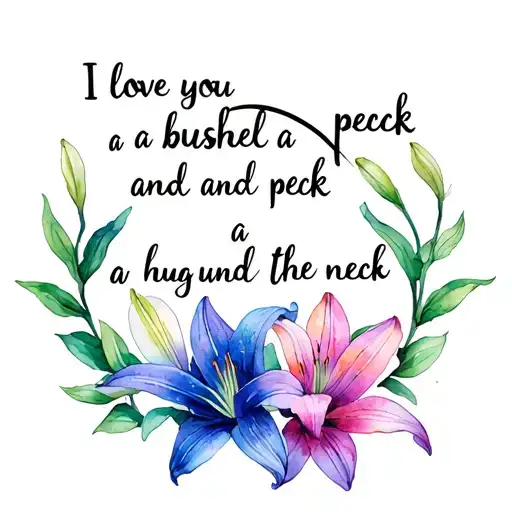 Words” I love you a bushel and a peck and a hug around the neck” in an infinity shape with 3 lily flowers tattoo design idea