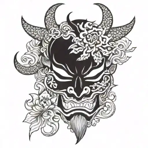 Chinese patterns with japanese demon mask tattoo design idea