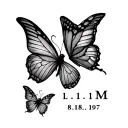 Two colorfull butterflies one having the letter L 11.11.04 and the other having the letter M 8.18.97 tattoo design idea