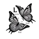 Two colorfull butterflies one having the letter L 11.11.04 and the other having the letter M 8.18.97 tattoo design idea