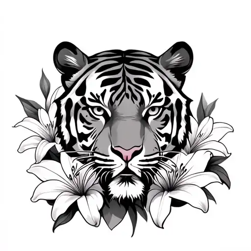  man tiger face and lily flower around Tiger  tattoo design idea