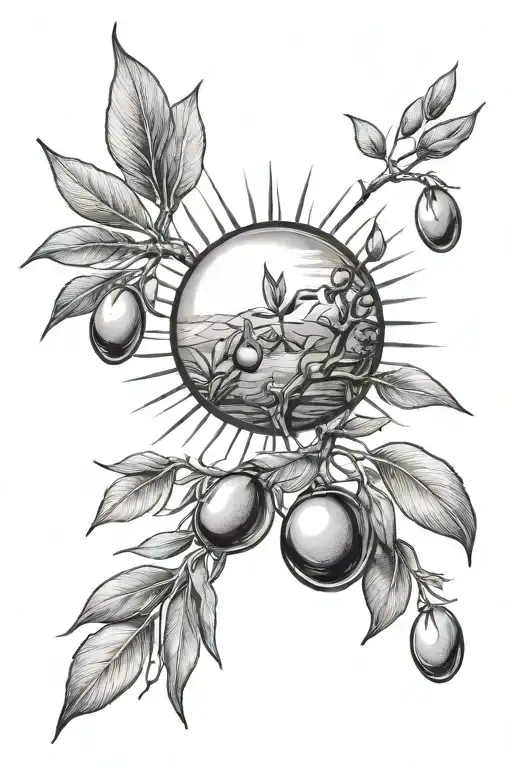 sun with a drop of water above an olive tree  tattoo design idea