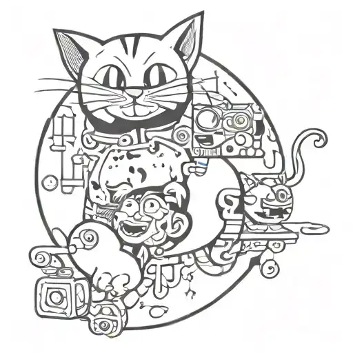 A tattoo design featuring a dreamlike fusion of 90s Nickelodeon themes with a playful integration of chemical x and Chester the cat, in a surreal and imaginative design tattoo design idea