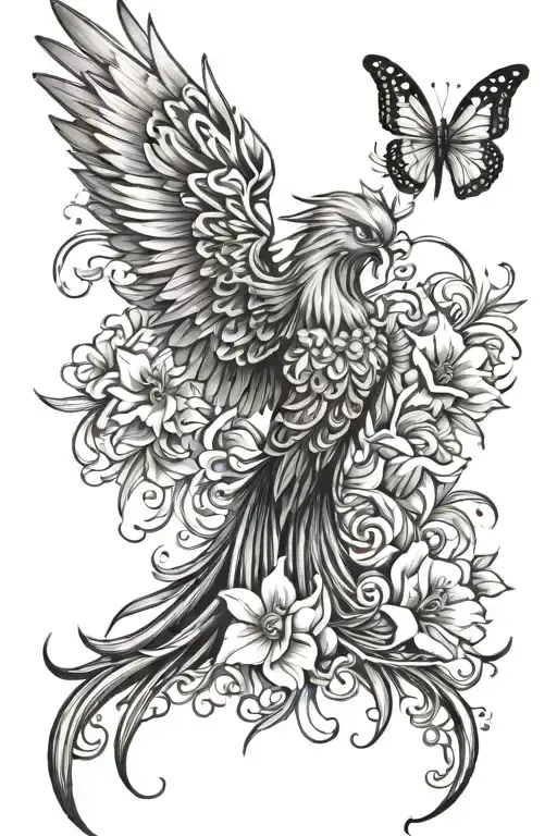 Phoenix with a butterfly and flowers  tattoo design idea