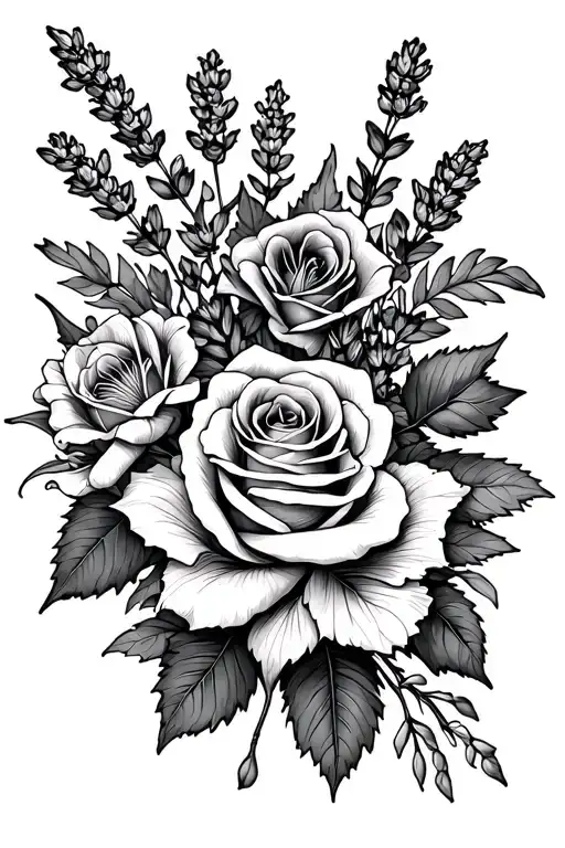 fall leaves, roses, lavender, lilys, greenery tattoo design idea