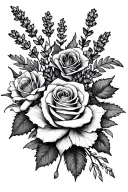 fall leaves, roses, lavender, lilys, greenery tattoo design idea
