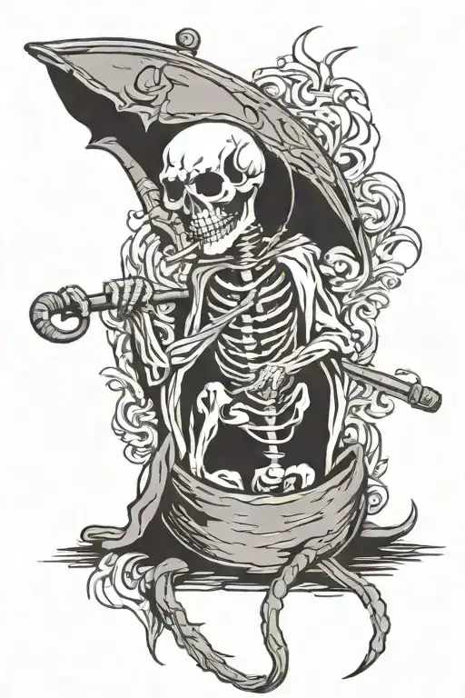 Death with a scythe stands on his skull and smokes a cigarette tattoo design idea