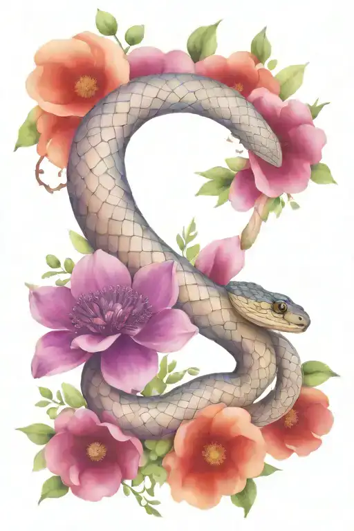 Snake and purple anemone flowers tattoo design idea