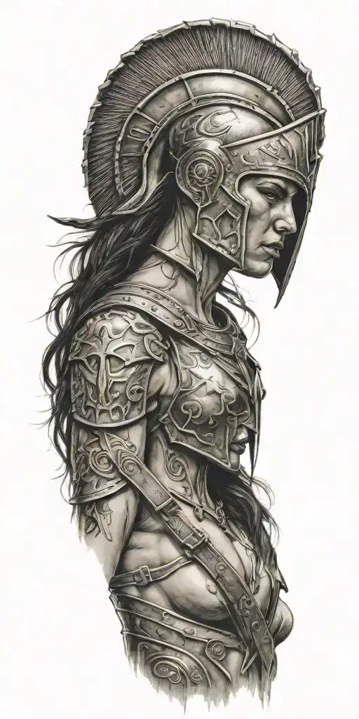 spartan woman, naked, crying, weapons tattoo design idea