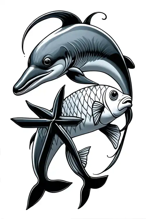 dolphin clown fish and cross tattoo design idea