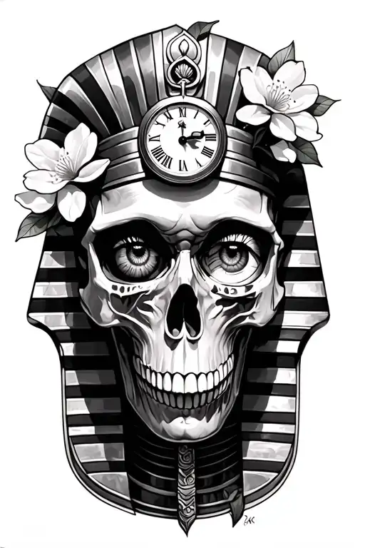 Skull of a Pharaoh with a clock in his eye and cherry blossom petals for the upper arm tattoo design idea