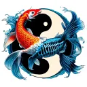 yin yang symbol with koi and koi fish skeleton playing tattoo design idea