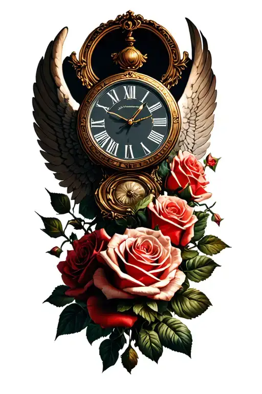 roses angels clock tattoo design idea