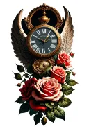 roses angels clock tattoo design idea