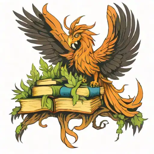 phoenix coming out of a stack of books in a forest protected tattoo design idea