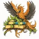 phoenix coming out of a stack of books in a forest protected tattoo design idea