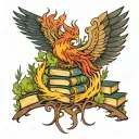 phoenix coming out of a stack of books in a forest protected tattoo design idea
