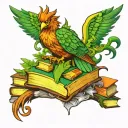 phoenix coming out of a stack of books in a forest protected tattoo design idea