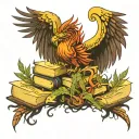 phoenix coming out of a stack of books in a forest protected tattoo design idea