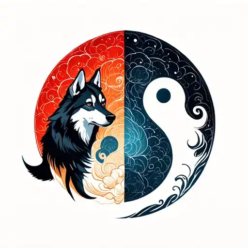 yin and and yang cancer and virgo sign with wolf and husky tattoo design idea