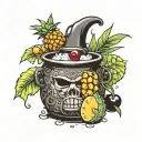 witch cauldron pineapple cherries coconut tattoo design idea