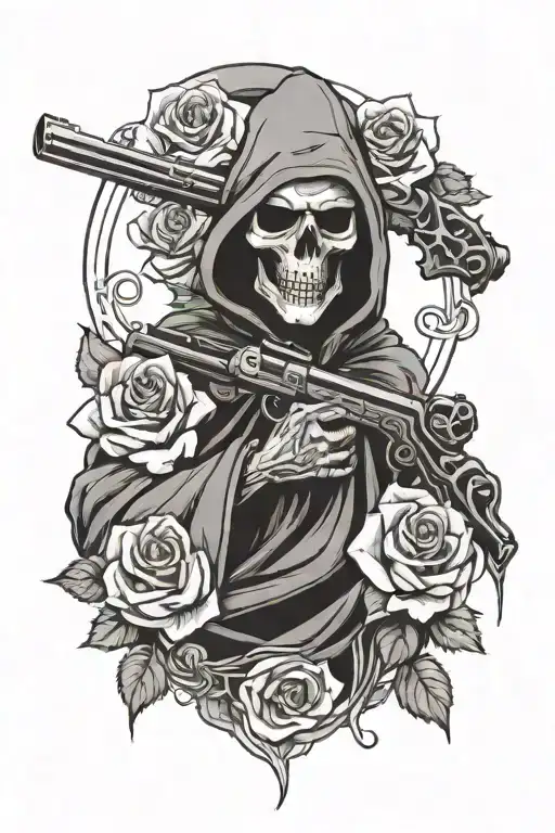 grim reaper wrapped in roses holding a gun  tattoo design idea