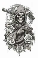 grim reaper wrapped in roses holding a gun  tattoo design idea