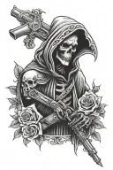 grim reaper wrapped in roses holding a gun  tattoo design idea