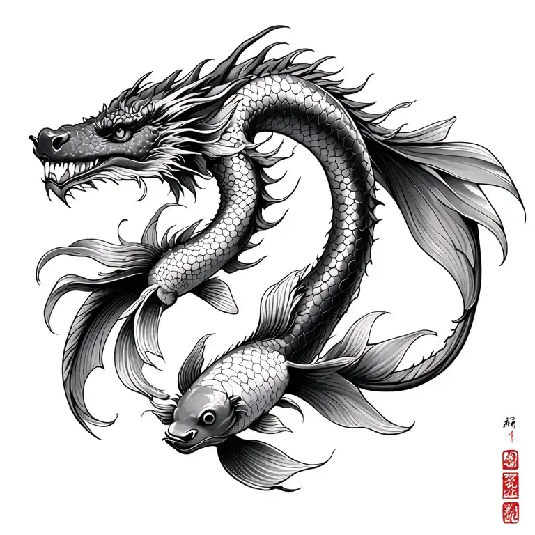 Dragon samurai koi fish swimming tattoo design idea