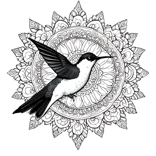 mandala simple repeating sleeve with hummingbird on thumb tattoo design idea