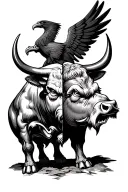 A bull with two faces, once angry and once. In the background of the German federal eagle with a stroke. tattoo design idea