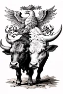 A bull with two faces, once angry and once. In the background of the German federal eagle with a stroke. tattoo design idea