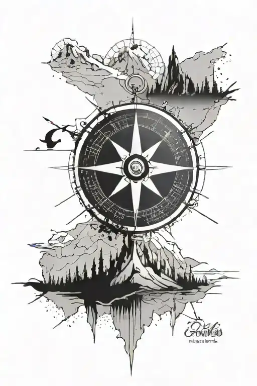 A tattoo design of a compass set on a background of skin tearing away into a map, mountains, fox, coordinates tattoo design idea